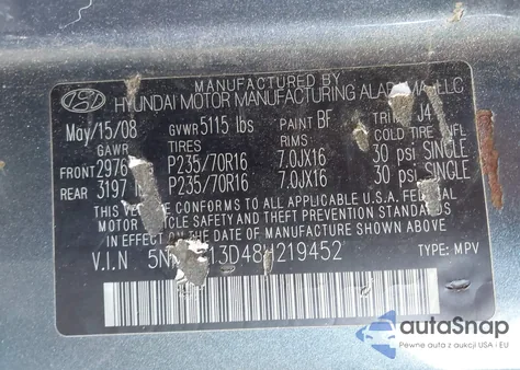 2008 Hyundai Santa Fe Gls from USA, damaged, VIN 5NMSG13D48H219452